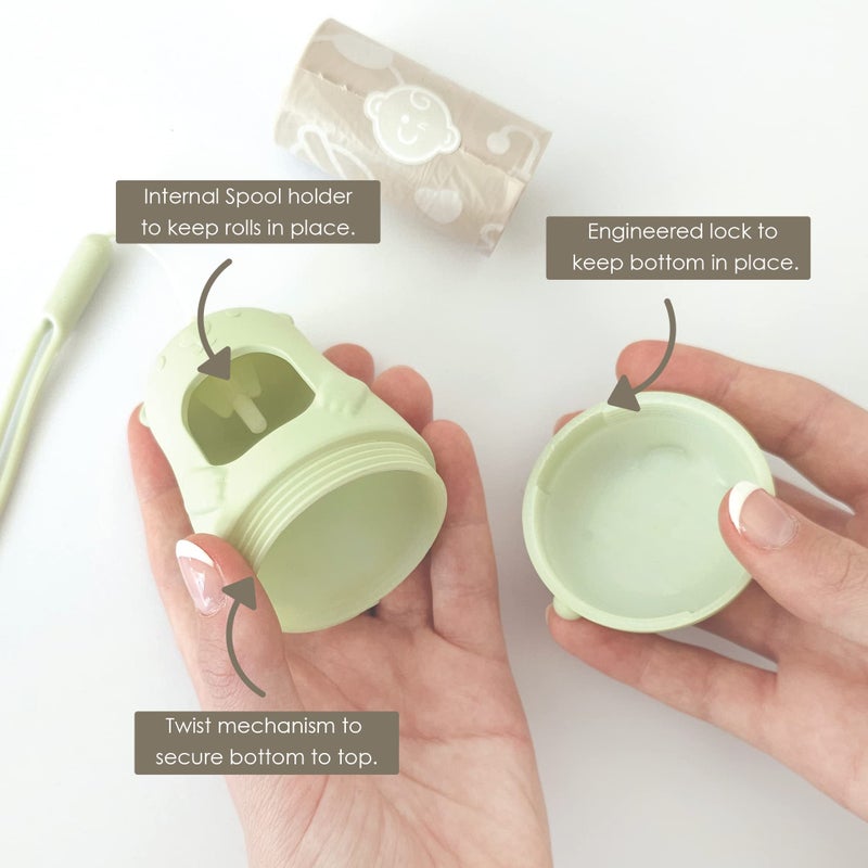 moodie Teddy Bear Diaper Bag Dispenser | Diaper Trash Bags on the Go Dispenser w/Silicon Strap | 15 UNSCENTED Baby Poop Bags per Roll | Dirty Diaper Bags Disposable | Diaper Waste Bags (SAGE GREEN) - Image 3